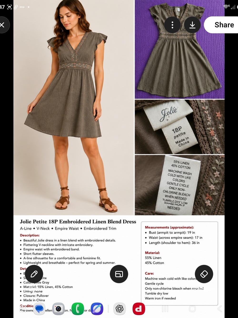 Jolie Embroidered Linen Blend Dress — Olive Green Size 18 P